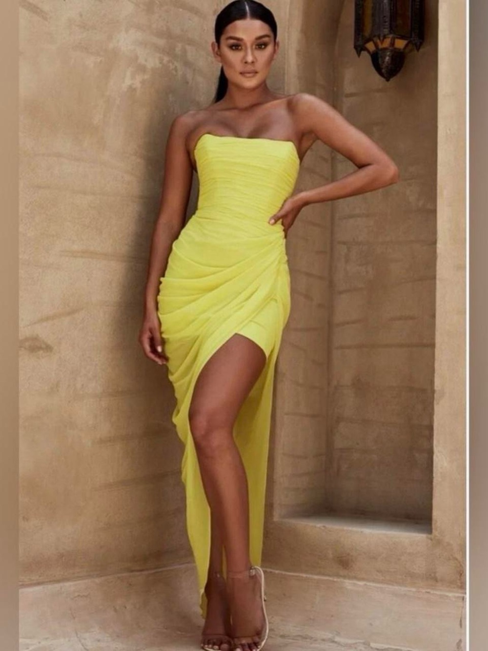 House of CB Strapless Lemon Yellow Ruched High-Slit Dress